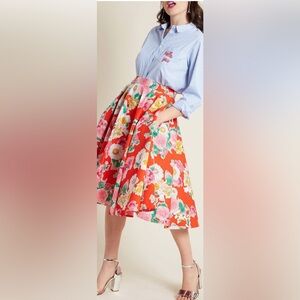 NWOT! Hell Bunny Orange and Red Floral Rose Retro Circle Midi Skirt with Pockets